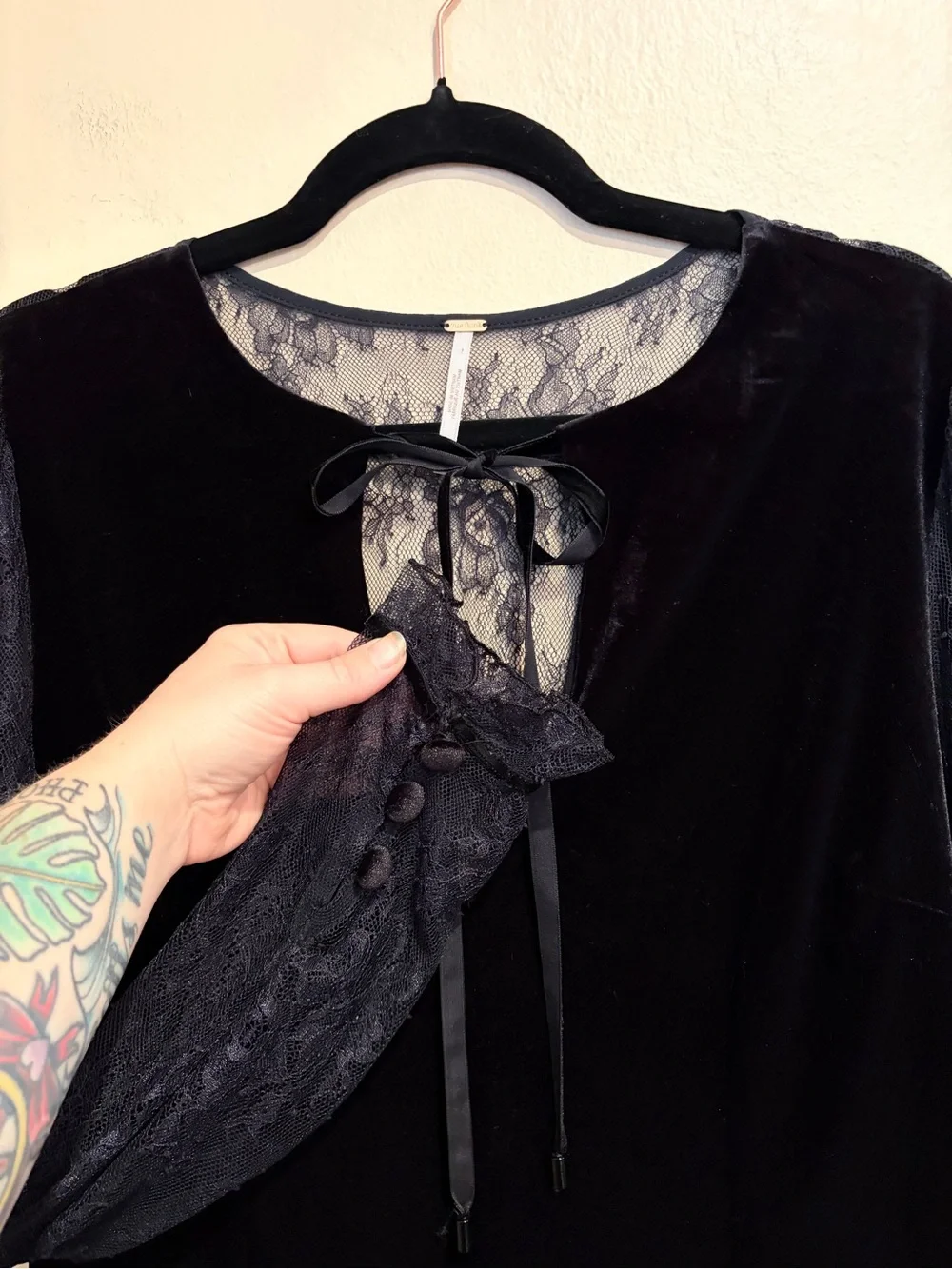 Wickedly Gorgeous Free People Black Crushed Velvet Dress w/ Sheer Long Sleeves